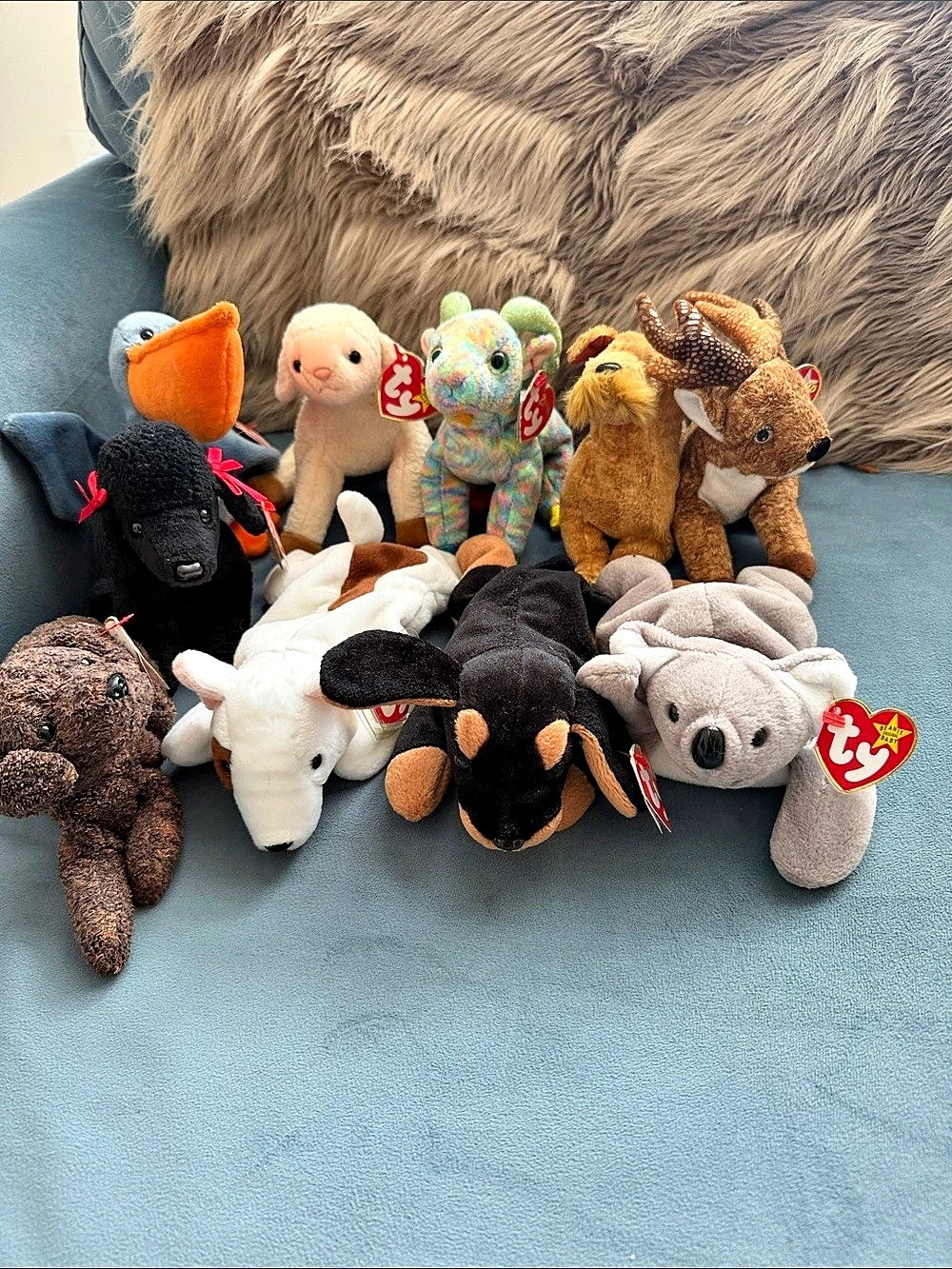 Vintage Ty Beanie Babies Dog & Animal Lot - Set of 10 (Doberman, Poodle, Deer)